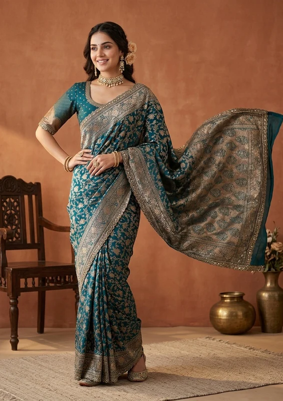 Peacock Blue Stonework (Gold) Art Silk Saree